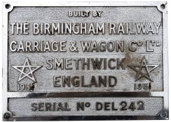 Worksplate BUILT BY THE BIRMINGHAM RAILWAY CARRIAGE & WAGON CO LTD SMETHWICK ENGLAND 1962 SERIAL