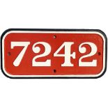 GWR cast iron cabside numberplate 7242 ex Churchward 2-8-0 T built at Swindon in 1912. Allocated