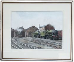 Original painting by Stella Whatley GRA of Penzance shed with GWR Hall 4-6-0 4908 Broome Hall at the