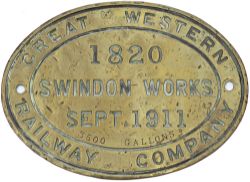 Tenderplate GREAT WESTERN RAILWAY COMPANY SWINDON WORKS 1820 SEPT 1911 3500 GALLONS from a