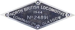Worksplate NORTH BRITISH LOCOMOTIVE COMPANY LTD GLASGOW No 24891 1944 ex Riddles WD 2-8-0 numbered