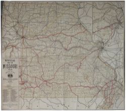 Official map of the Missouri Railroads issued in 1910, printed by Woodward & Tiernan Printing Co.