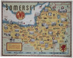 Poster GWR SOMERSET by J.P.Sayer. A pictorial map of the County with all the major towns and
