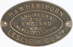 Worksplate R & W HAWTHORN LESLIE & CO LTD ENGINEERS NEWCASTLE ON TYNE ENGLAND 3736 1928. Ex 0-4-