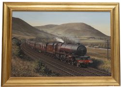 Original oil painting by Gerald Broom painted in 1977 of LMS Pacific 6201 Princess Elizabeth on a