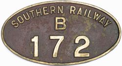 Southern Railway cabside numberplate SOUTHERN RAILWAY B172 ex London Brighton & South Coast