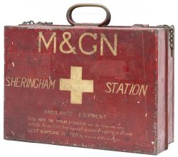 Midland & Great Northern Railway First Aid Box sign written M&GN SHERINGHAM STATION. In very good