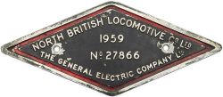 Worksplate NORTH BRITISH LOCOMOTIVE CO LTD THE GENERAL ELECTRIC COMPANY LTD 1959 No 27866 ex British