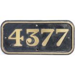 GWR Brass cabside numberplate 4377 ex Churchward 2-6-0 built at Swindon in 1915. Allocated to St
