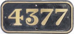 GWR Brass cabside numberplate 4377 ex Churchward 2-6-0 built at Swindon in 1915. Allocated to St