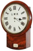 GWR 12 inch Mahogany cased drop dial fusee railway clock with a spun brass bezel supplied to the