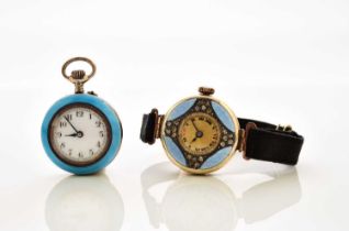 A lady's enamelled fob watch and an enamelled gold plated wristwatch