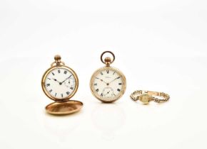A lady's Accurist 9ct gold bracelet watch and two gold plated pocket watches