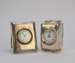 A miniature silver mounted carriage timepiece together with a silver mounted desk clock