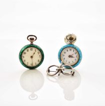 Two lady's enamelled white metal open face fob watches