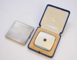 A cased silver and enamel compact and a silver cigarette case