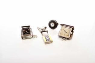 Two 1930s travel watches, an enamel brooch watch and a gunmetal buttonhole watch (4)