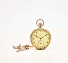 A 9ct gold open face pocket watch with a 9ct gold chain