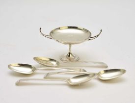A set of the George III silver spoons, a further spoon and a bowl