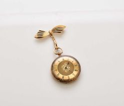 A lady's 18ct gold open face pocket watch, with plated brooch