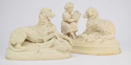 A scarce Copeland parian model of a reclining Irish Wolfhound and a R&L parian dog group