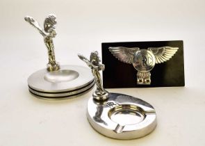 Two Rolls Royce Spirit of Ecstacy ashtrays and a Rolls Royce Motor Club badge