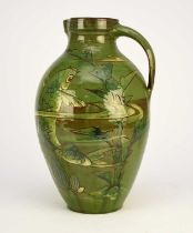 Large C H Brannam Barum jug decorated with fish by William Baron, dated 1892