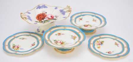 A Coalport part dessert service, circa 1850, turquoise and gilt borders, painted with flowers,