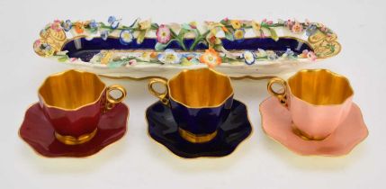 Samuel Alcock pen tray and three Coalport cabinet cups