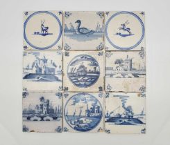 Nine Dutch delft blue and white tiles, 18th century