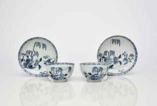 A pair of uncommon Richard Chaffers 'Fringed Tree Rock' tea bowls and saucers, circa 1760-65