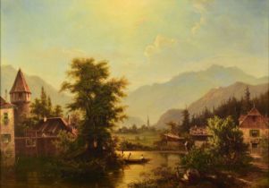 Herman Ludwig Seefisch (German 1816-1879) Alpine Waterside Town