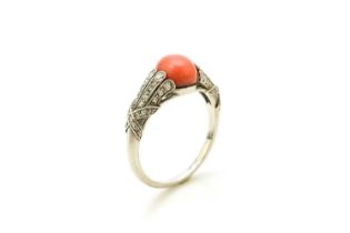 A French Art Deco coral and diamond ring