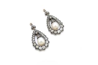 A pair of late 19th century diamond and untested pearl ear pendants