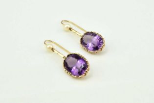 A pair of 9ct gold amethyst and cultured pearl ear pendants