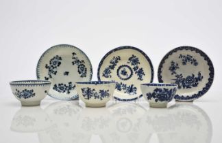 Three Liverpool porcelain tea bowls and saucers, 18th century