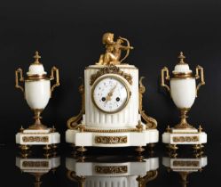 A French white marble and ormolu clock garniture