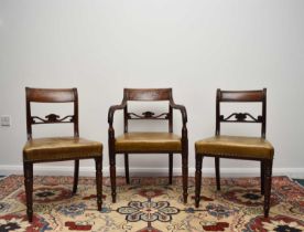 A harlequin set of ten 19th century inlaid mahogany dining chairs