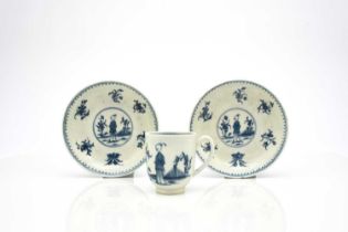 Worcester 'Waiting Chinaman' coffee cup and two matching saucers, circa 1770