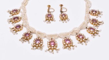 A pink spinel and untested seed pearl fringe necklace