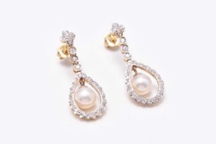 A pair of Edwardian style 18ct gold cultured pearl and diamond ear pendants