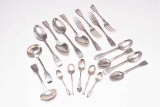 A harlequin collection of early 19th century silver Fiddle pattern flatware