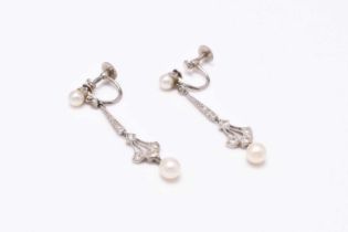 A pair of cultured pearl and diamond ear pendants