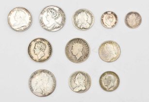 Collection of silver coinage comprising: Anne Shilling dated 1711 Spink ref 3618