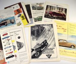 FOLDER OF ADVERTISING PRINTS from magazines, 1920s-1950s, most in colour. Many feature cars (100+)