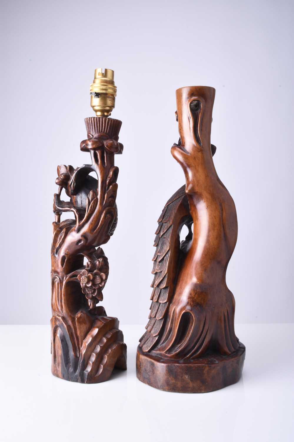 Two Chinese carved hardwood figural lamp bases and three small wood carvings - Image 8 of 12