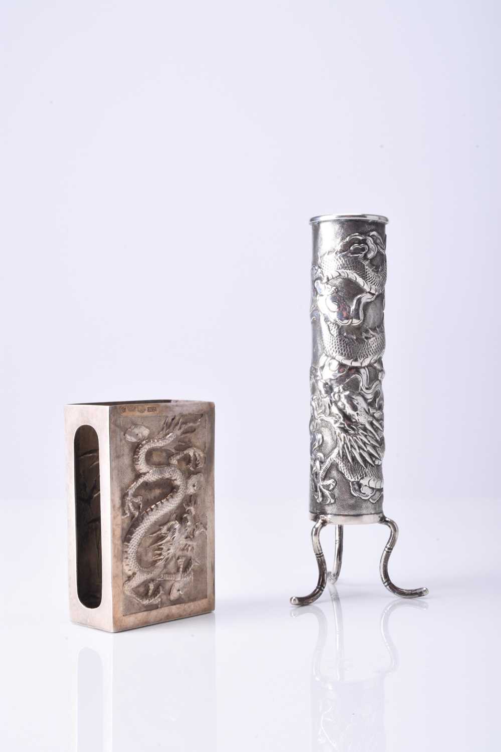 Wang Hing, a Chinese silver bud vase and matchbox holder