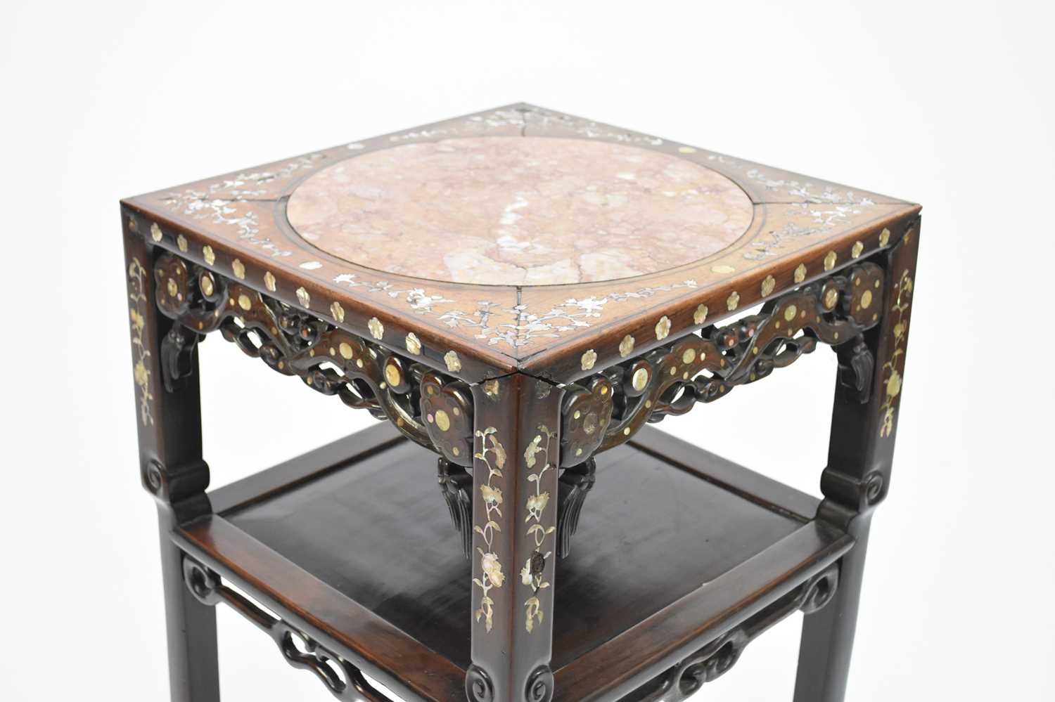 A Chinese inlaid hongmu and marble urn stand, Qing Dynasty - Image 2 of 5