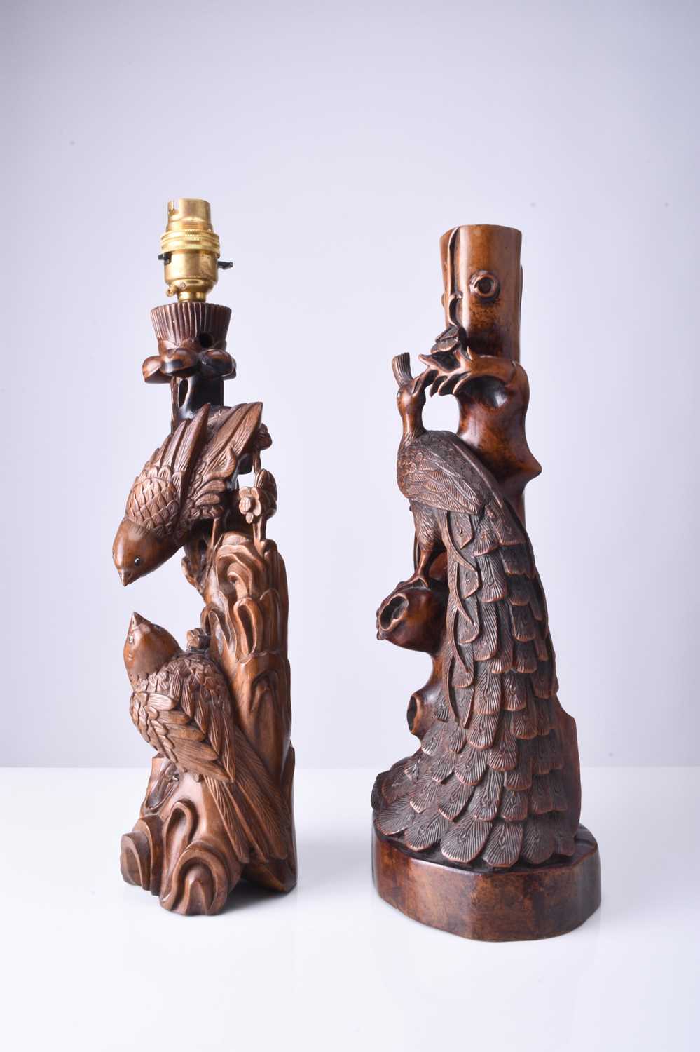 Two Chinese carved hardwood figural lamp bases and three small wood carvings - Image 5 of 12