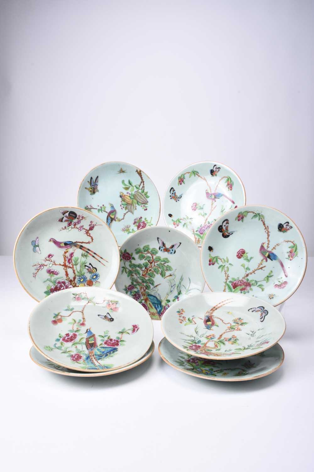 Nine Chinese celadon famille rose dishes, Qing Dynasty